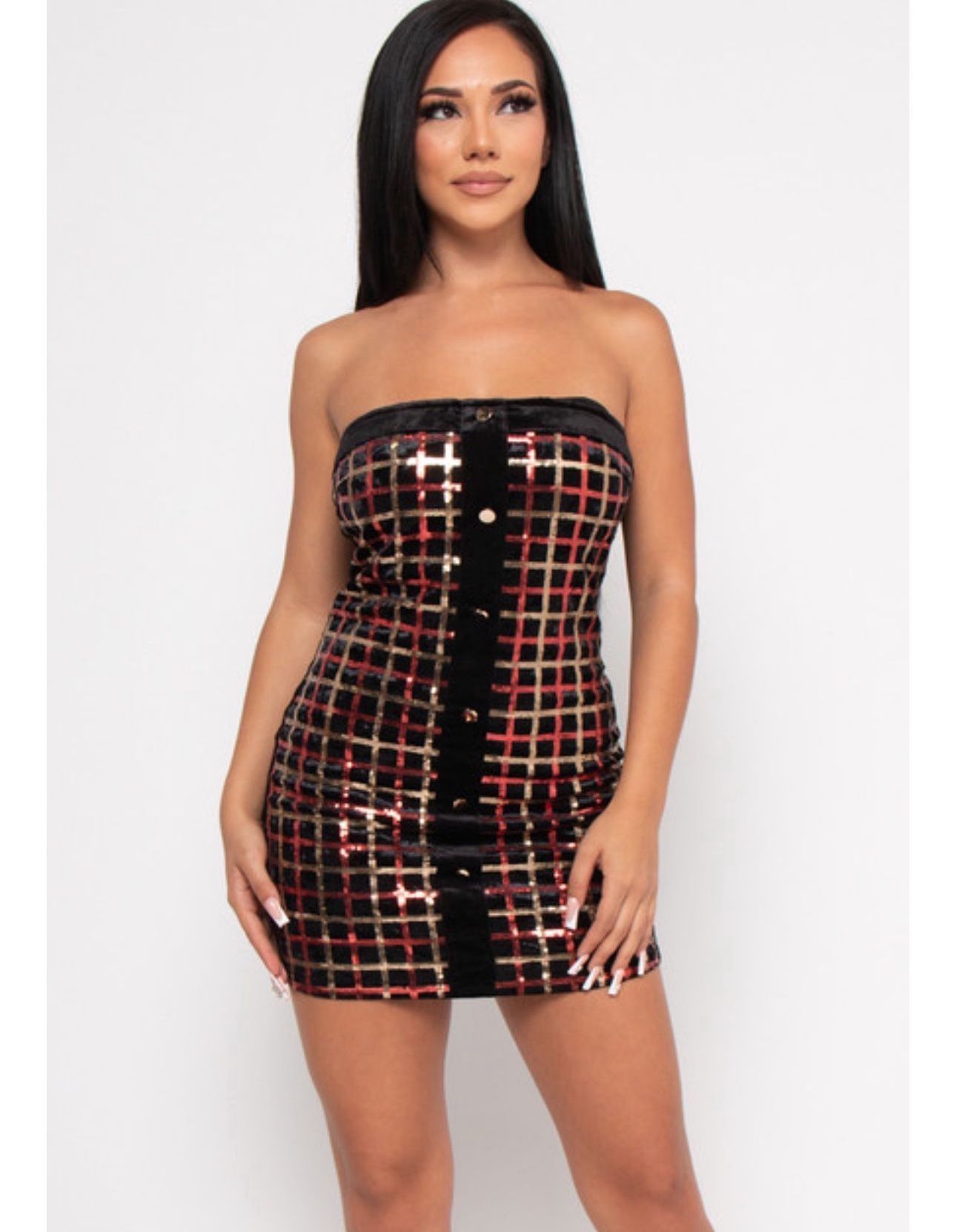BLACK VELVET RED AND GOLD SEQUINS STRAPLESS BUTTONS DOWN BODYCON MINI DRESS