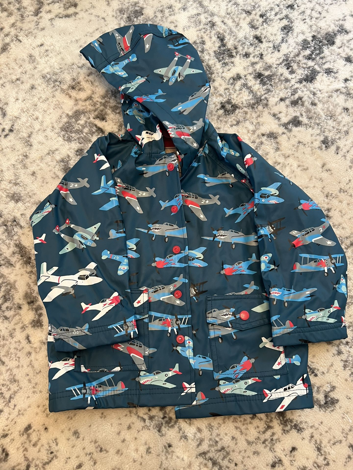 Hatley Kids Hooded Rain Jacket Blue Airplane-Sharks Lined Red Fleece Sz 3T