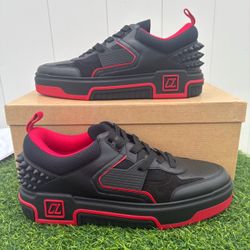 CHRISTIAN LOUBOUTIN ASTROLOUBI BLACK RED LEATHER SNEAKERS LOGO SPIKES SZ 44.5