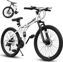 Inch Folding Mountain Bike, 21 Speed Full Suspension High-Carbon Steel MTB, Dual Disc Brake Foldable Bicycle, Folding Bikes for Adults Men