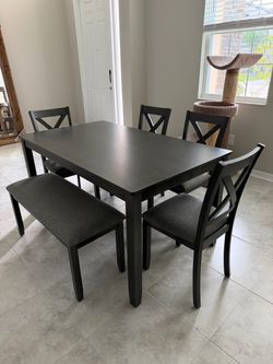 Grey Dining Table Set with 4 Chairs and Bench
