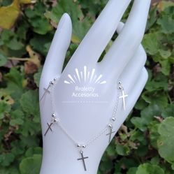 Sterling Silver 925 Bracelet With 5 Crosses Charms