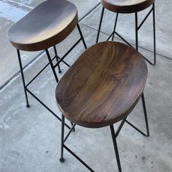Barstools  27 Inch with Mango Wood Saddle Seat, Wrought Iron Legs, Brown and Black (x3)