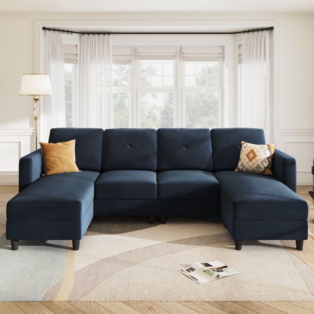 HONBAY Convertible Velvet U/L-Shaped Sectional Sofa Couch with Reversible Chaise, Navy Blue