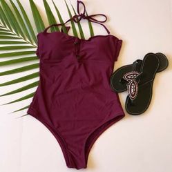 Maroon halter top one piece swimsuit bathingsuit Size M