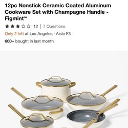 12 Piece Nonstick Ceramic Coated, Aluminum Cookware Set With Champagne Handle - FIGMINT