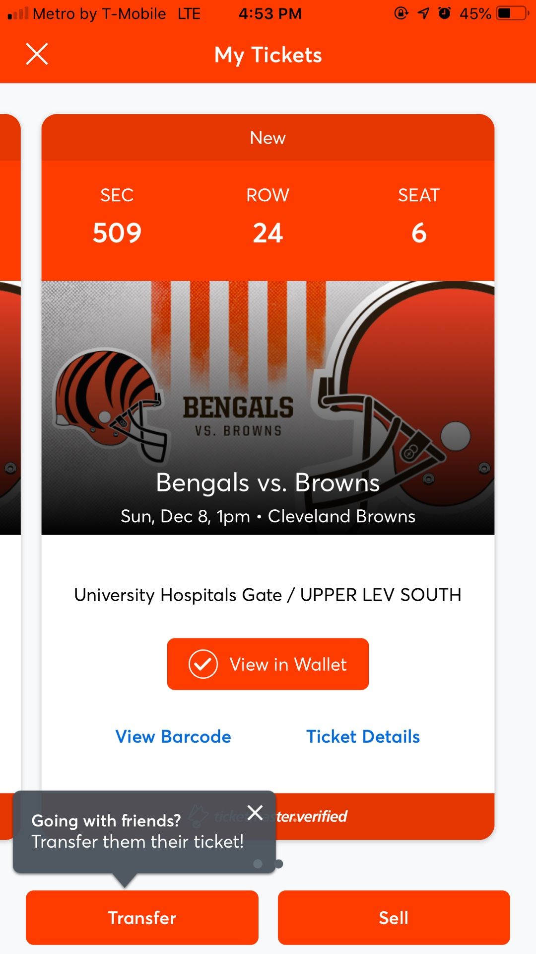 Tickets to the browns game on the 50 yard line
