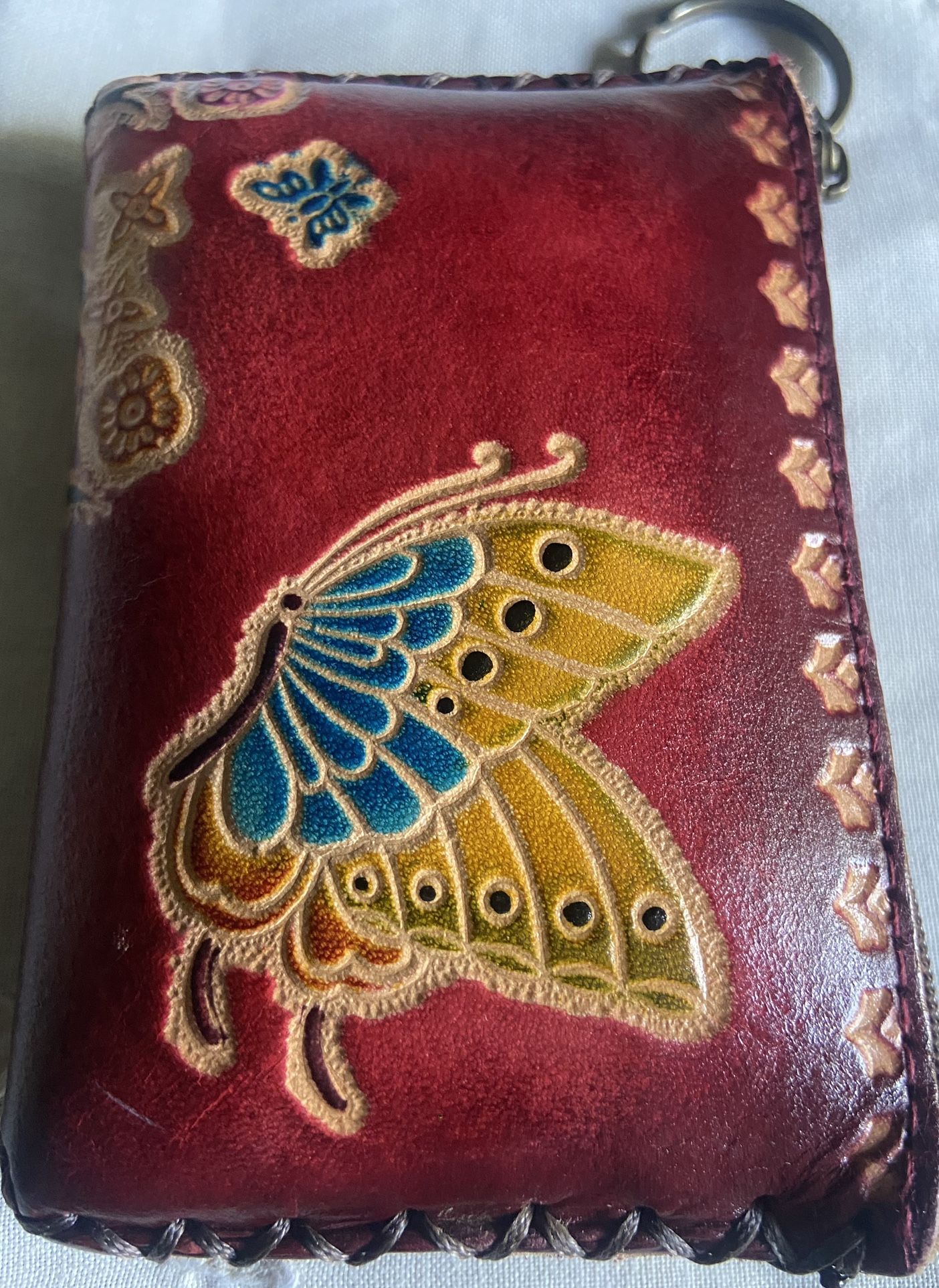 Hand Made  Embossed Genuine Leather Butterfly Coin Purse/Wristlet/Wallet/Pouch