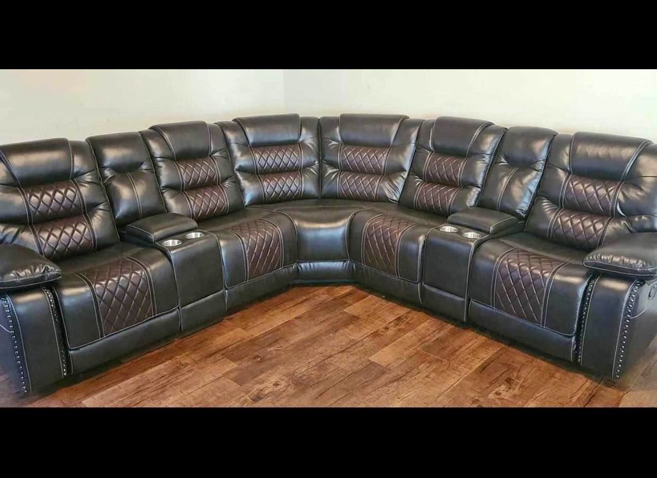 New Brown leather reclining sectional sofa couch with cup holders
