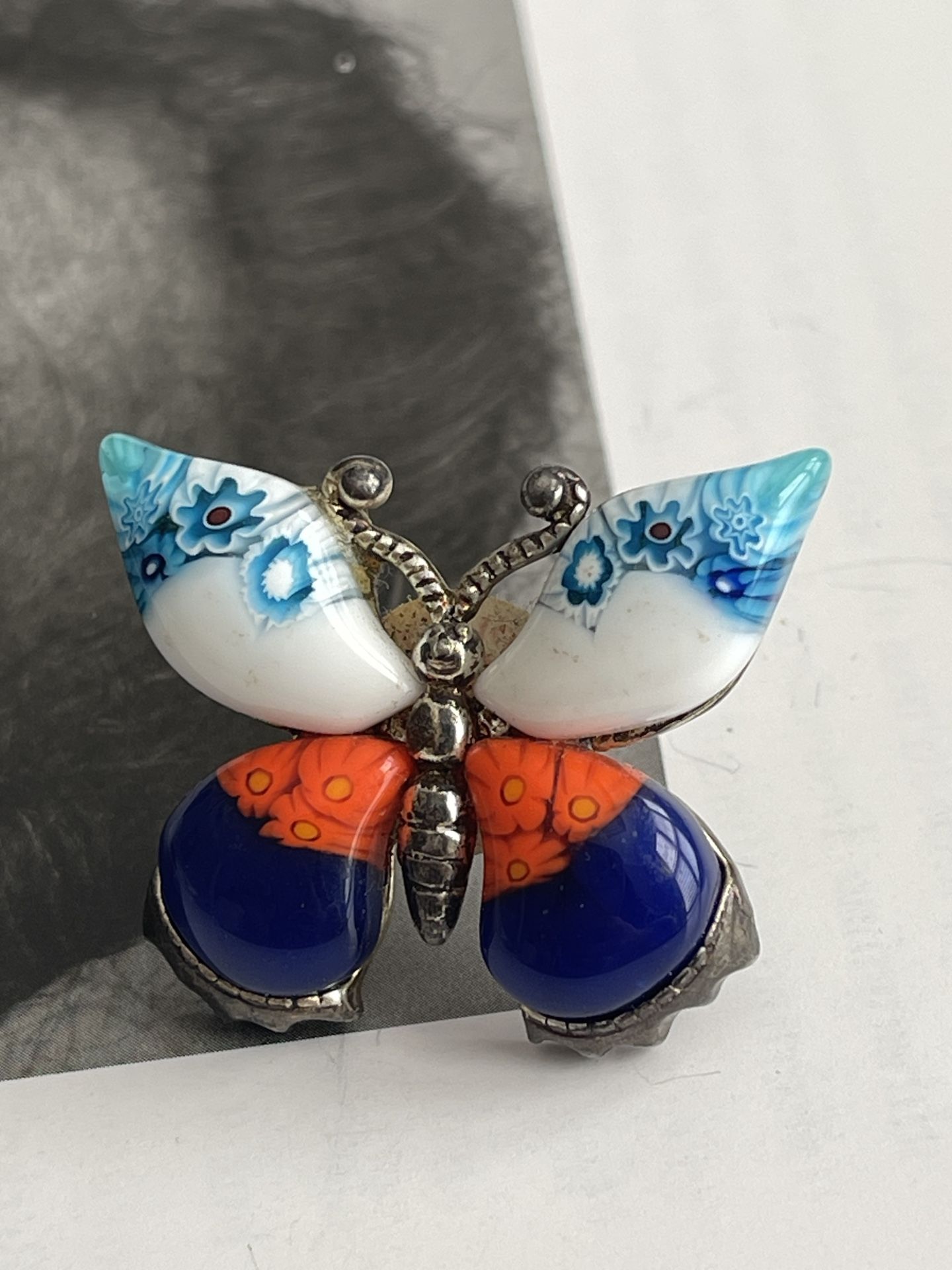 Venetian Millefiori Sterling Silver Butterfly Brooch Marked Stamped 925