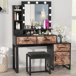 Makeup Desk With Mirror And Lights, Desk And Chair, Vanity Table Set With Cushioned Stool, Shelves & Drawers