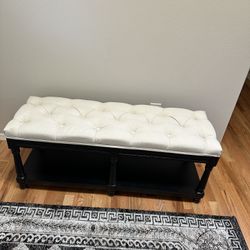 DUOMAY Mid-Century Tufted Storage Bench with Shelf, Linen Upholstered Farmhouse Entryway Shoe Bench Ottoman Bed End Stool for Bedroom Living Room 