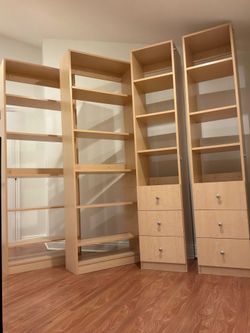 Light Wood Modular Closet Shelving System w/ Drawers - 84” Tall (4 Units)