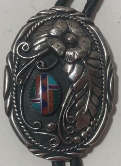Vintage Metal Bolo Tie, Silver with Nice Turquoise Stones, Sunflower, Big Size, Nice Western Design, 2 1/4" x 1 1/2" Quality, Heavy Duty, Made in USA,