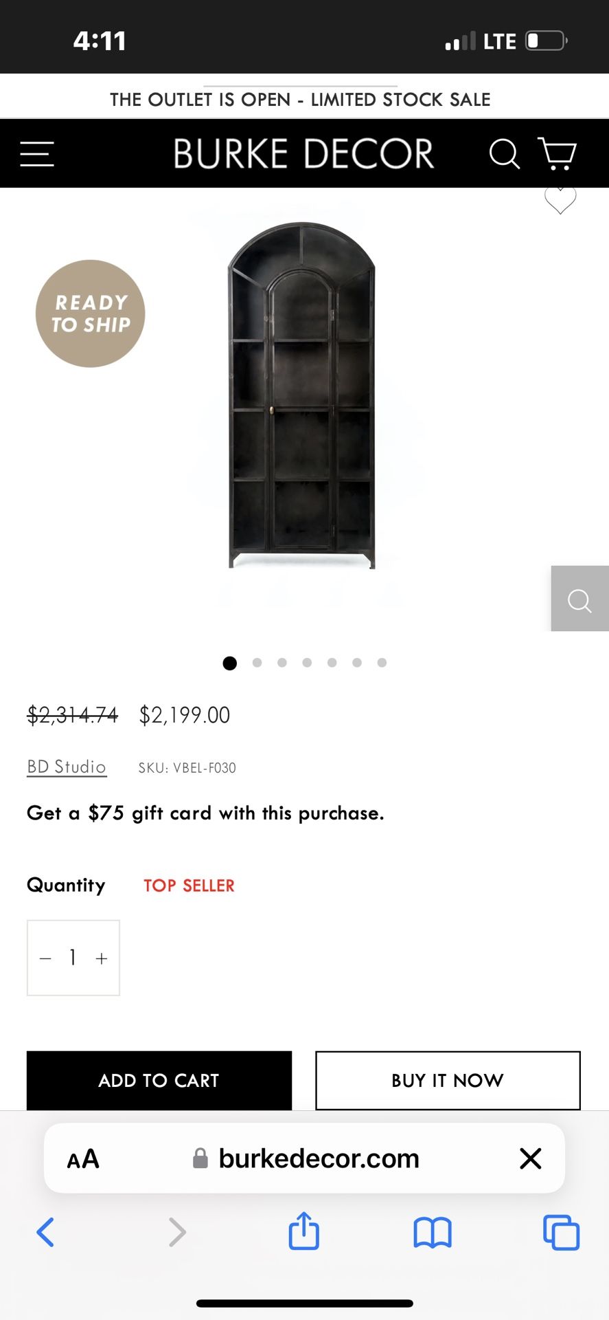 Black Metal Arched Glass Door Cabinet Bookcase Shelf