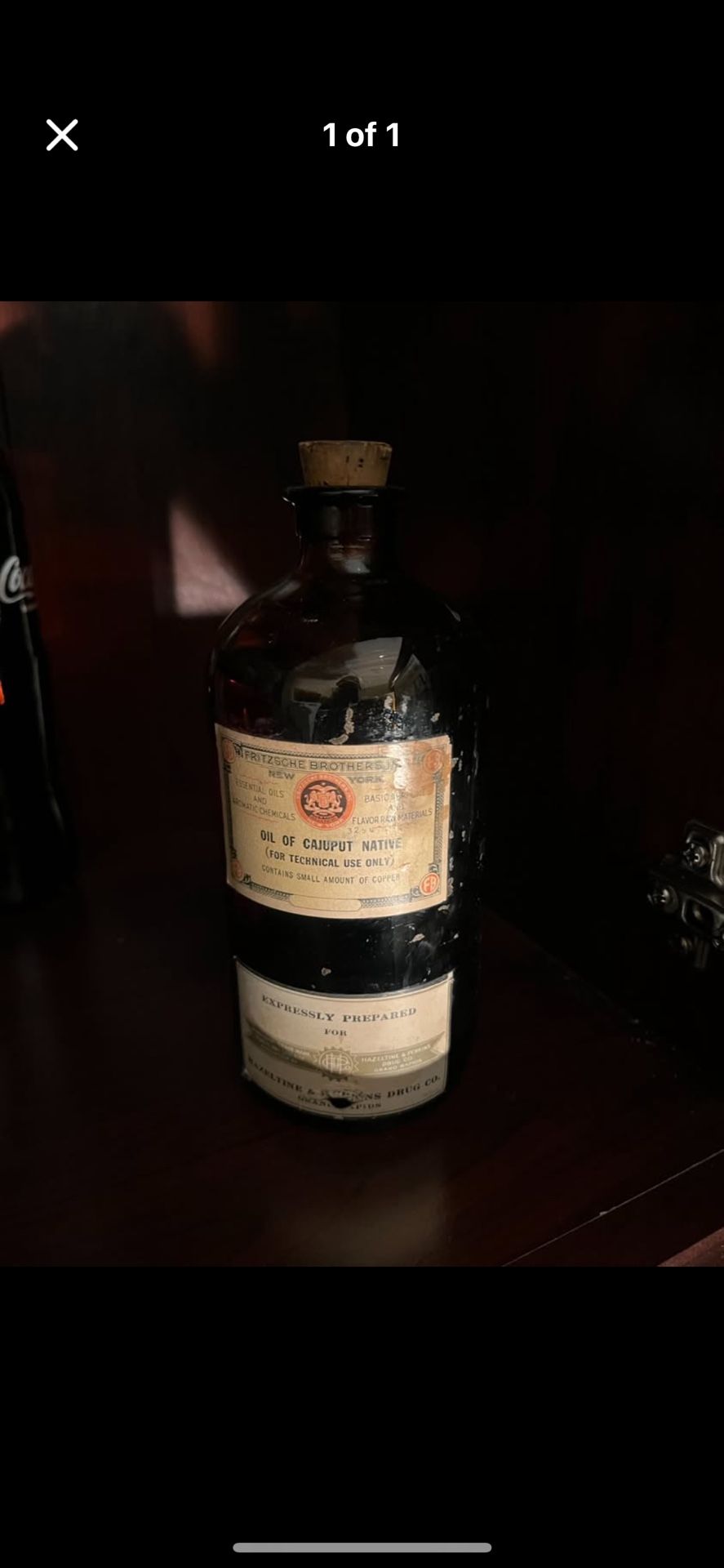 Antique Oil of Cajuput Apothecary Bottle - Fritsche Brothers - Full with Cork - 1920s-1940s Era