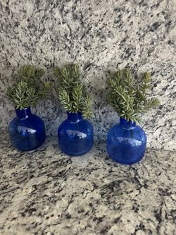 Set of 3 Blue Glass Bud Vases with Faux Greenery