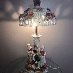 Antique Vintage Von Scheirholz German Porcelain Figural Lamp w/ Lithophane Shade 30” Tall