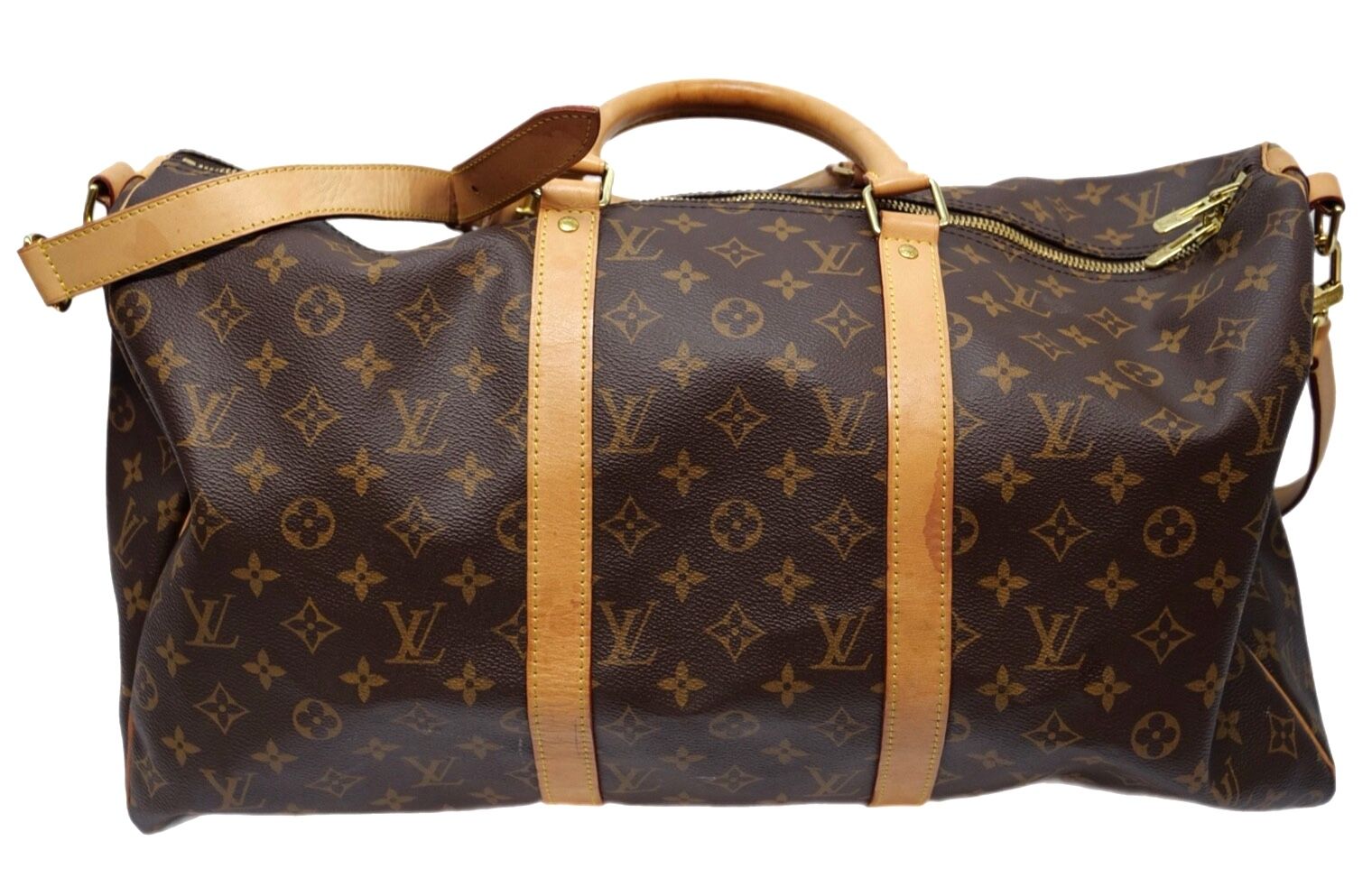 LOUIS VUITTON Keepall Bandouliere 50 Travel Hand Bag Monogram Brown Gold LV Unisex Casual Handmade Leather Zip Large Vintage