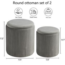 Round Set of 2 Ottoman with Storage-Upholstered Velvet Vanity Stool for Makeup Multifunctional Ottomans Coffee Table Padded Seat Foot Rest for Living 
