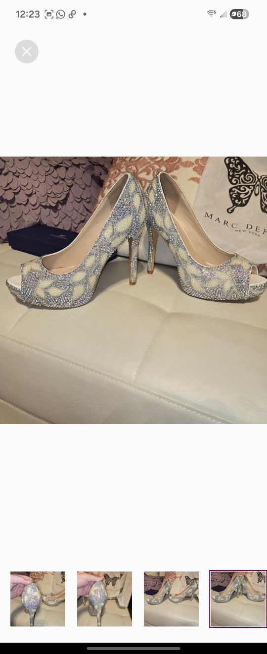 Custom Made Marc Defang Swarovski Heels To Match Courure Wedding Gown. Made In NYC