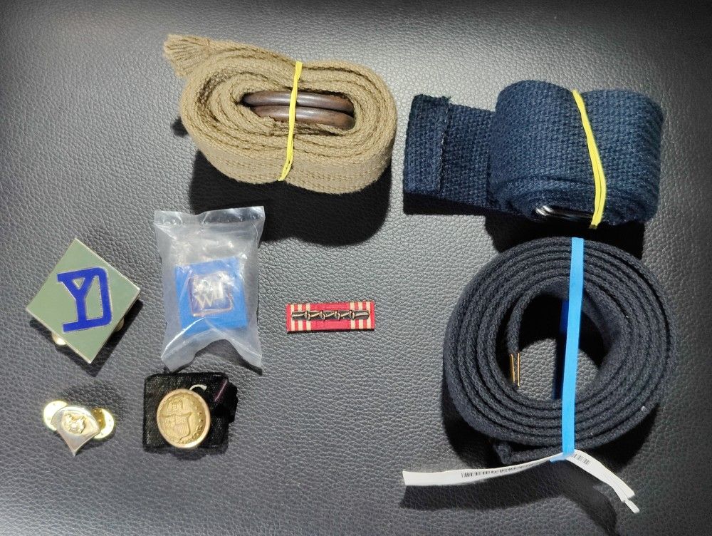 Military Lot - Includes 3 Military Style Belts, 3 Pins Ans A Button  & Ribbon Bar 