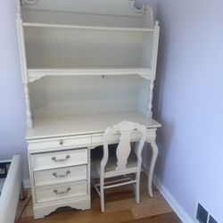 Solid wood white desk with chair, New LED light and hutch