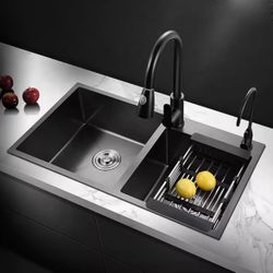 Black Kitchen Bar Sink Double Bowl 304 Stainless Steel Material - Pull Out Faucet 32”L x 18”W x 9” H
