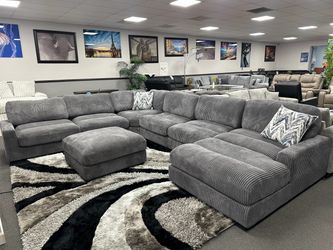 Large Gray Corduroy Sectional Sofa with Ottoman