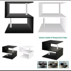 2- White High Gloss 3 Tier Side Table S-Shaped Storage Shelf End Table Nightstand
