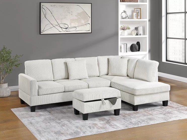 Brand New Beige Corduroy Sectional Sofa w Storage Ottoman