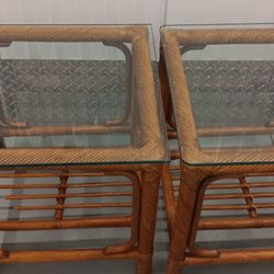 Vintage mid century bamboo rattan glass side tables