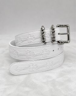 White Leather Belt with Cross Embossing
