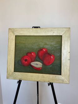Framed Oil On Wood Red Apple Painting Wall Art Decor 19”x16” Item#025