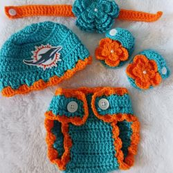 Crochet Baby Girl Miami Dolphins Football Inspired Outfit Photo Prop 