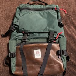 Topo Designs Rover Pack Backpack Forest Green and Brown Leather