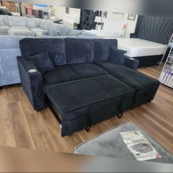 Black corduroy sectional sleeper sofa with pull out bed 