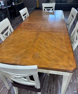 Farmhouse Rectangular Solid Wood Dining Set-Brown/beige. Seats up to 10
