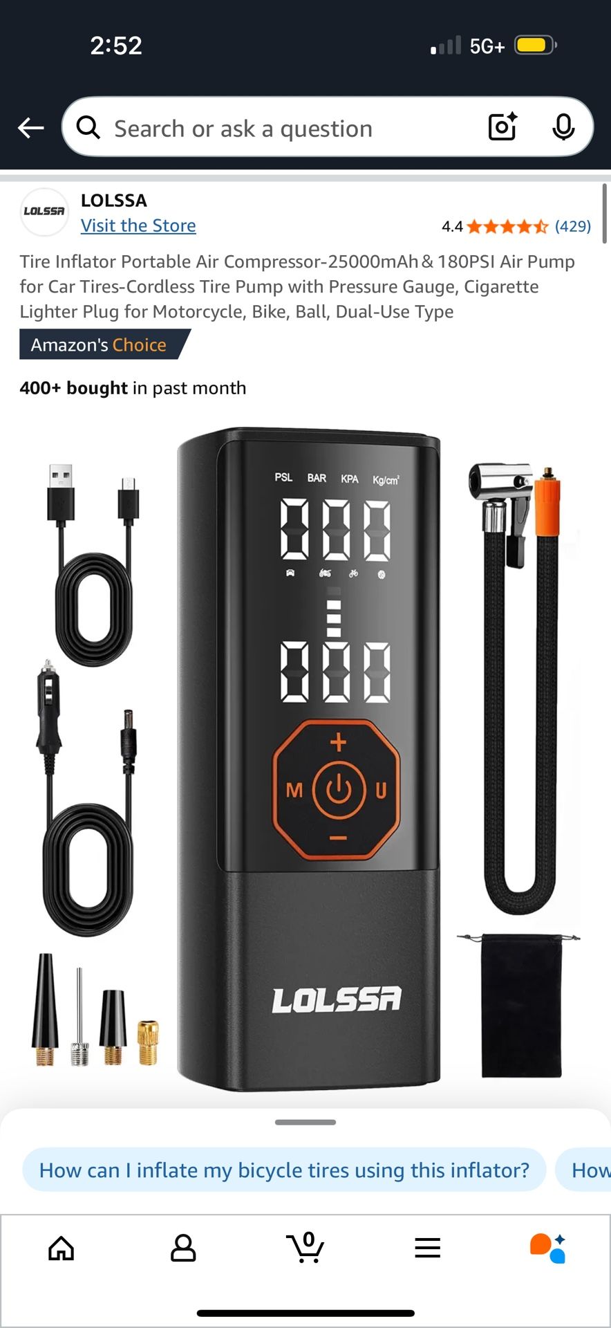 Tire Inflator Portable Air Compressor-25000mAh&180PSI Air Pump for Car Tires-Cordless Tire Pump with Pressure Gauge, Cigarette Lighter Plug for Motorc