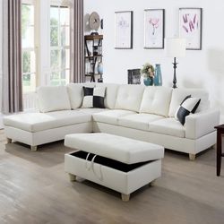 White Leather Living Room Sectional Couch
