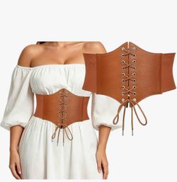 Renaissance Corset Belt Wide Elastic Leather Belt Big Size Brown Lace-Up Cinch Belts for Women Dresses Vintage Medieval Pirate Costume Steampunk Hallo