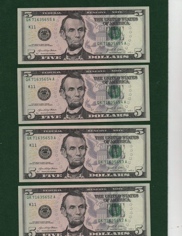 🥶🥶Winter Sale🥶🥶--New Uncirculated FIVE Dollar Bills Series 2021 $5 Sequential Notes Lot of 4