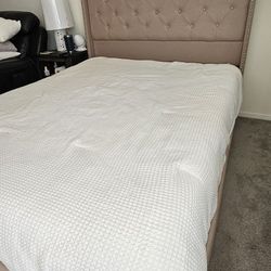 Tufted Tan Headboard  Queen With 4 Drawer Storage Under Bed