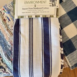 Kitchen Towel Set Bamboo Cotton Blue Stripe New