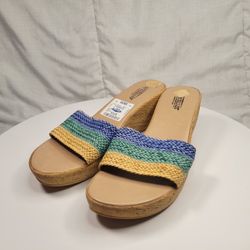 Seychelles Y2K Woven Blue Striped Cork Wedge Heeled Slide Sandals
