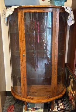 Vintage Oak Round Glass Curio Cabinet