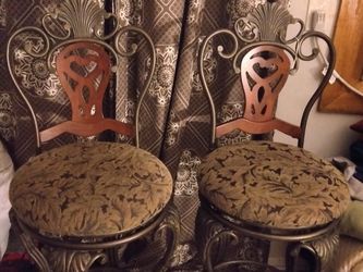 Pair of Ornate Metal and Wood Bar Stools