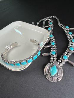Rare Sterling Silver & Turquoise Necklace + E. Delgarito Bracelet Set