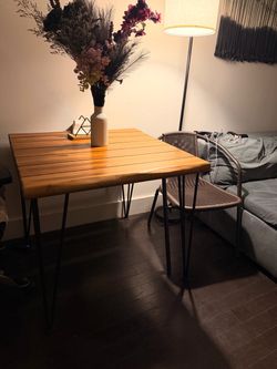 Indoor Industrial Acacia Wood Dining Table, Teak Finish, Rustic Metal