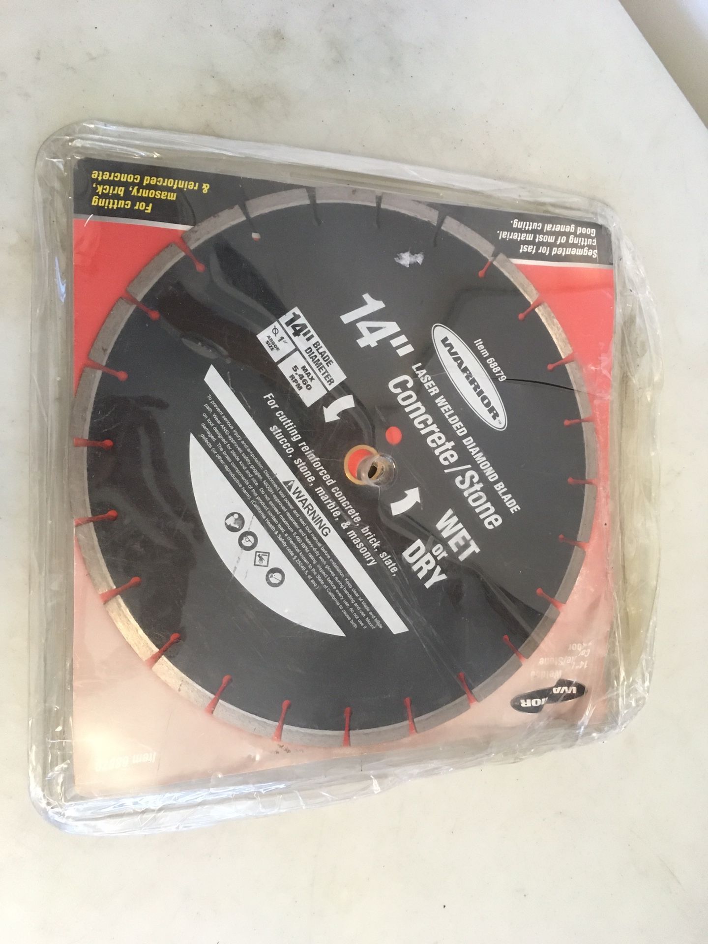 WARRIOR 68879 14” Laser Welded Concrete/Stone Diamond Blade *NEW* packaging is open/damaged, blade is unused, sold as pictured, firm price, email for